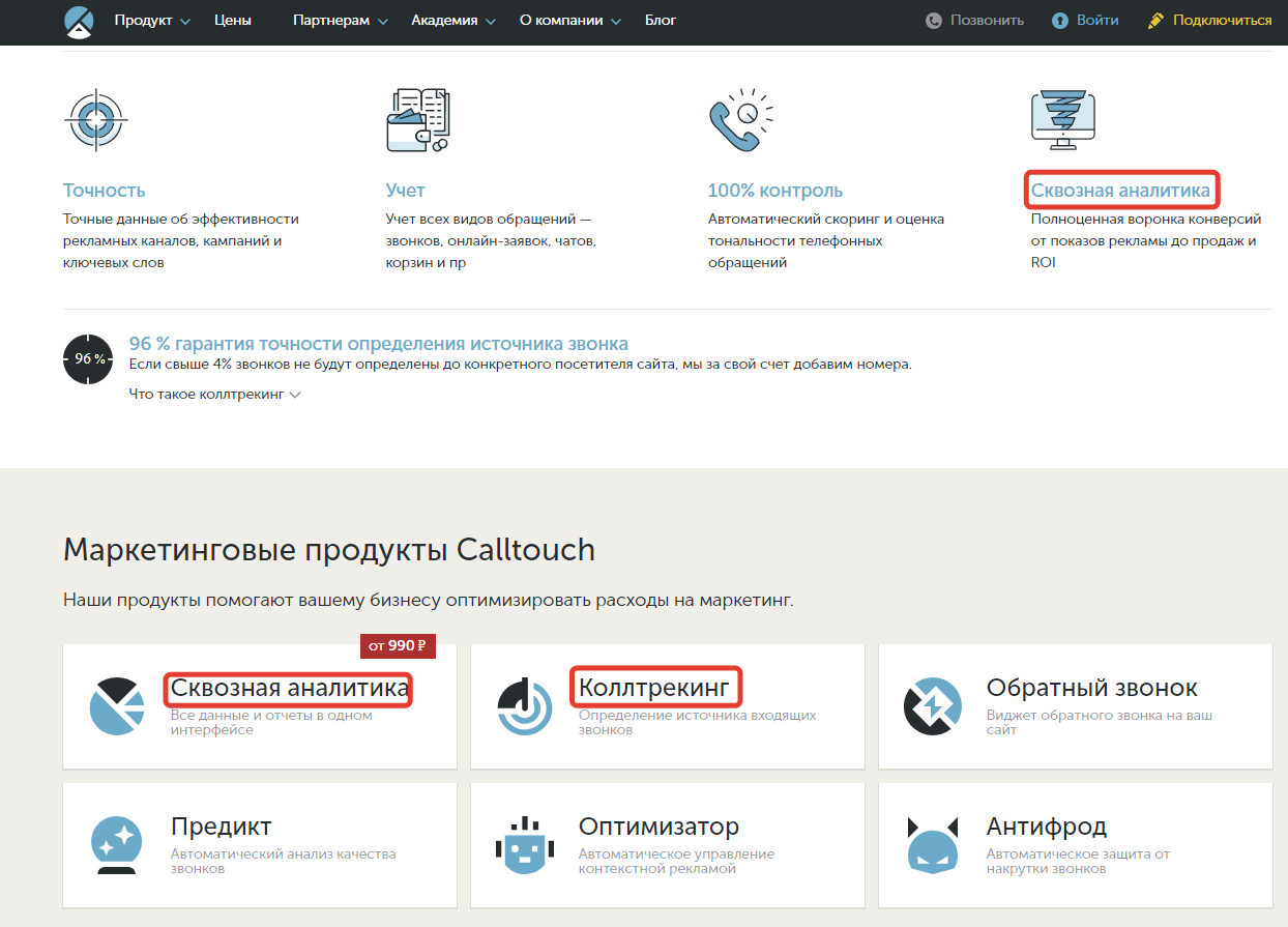 Ключевые слова на главной Calltouch