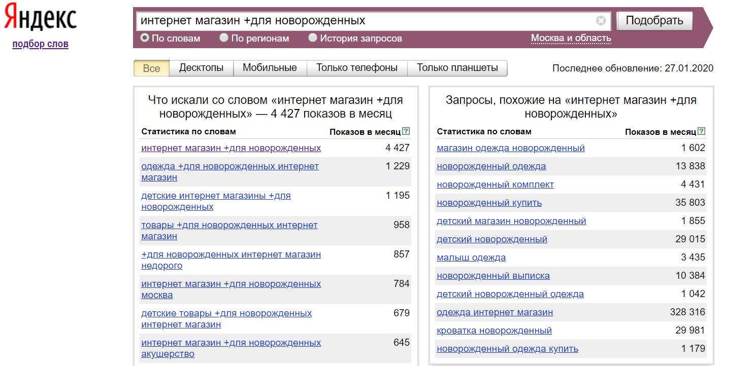 Результаты анализа запросов по интернет-магазинам товаров для новорождённых