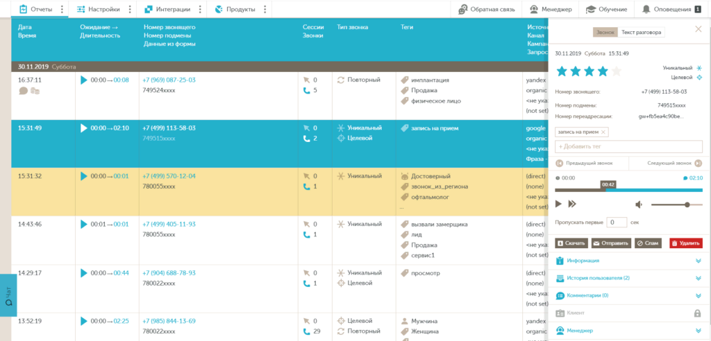 Аналитика звонков из журнала звонков