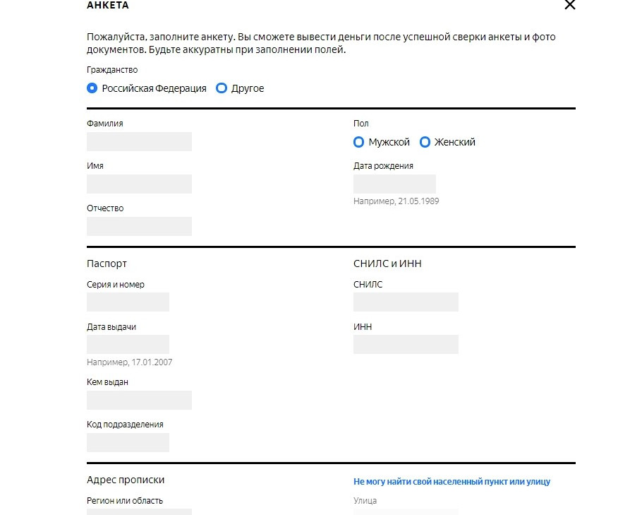 Заполнение анкеты для вывода денег из Яндекс Дзена